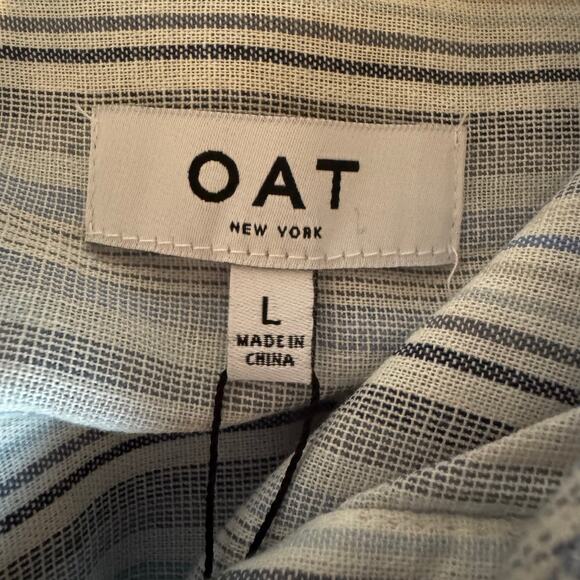 OAT Short Sleeve Blue Gray Striped Button Up Cotton Shirt Women’s Large NWT - Picture 6 of 8